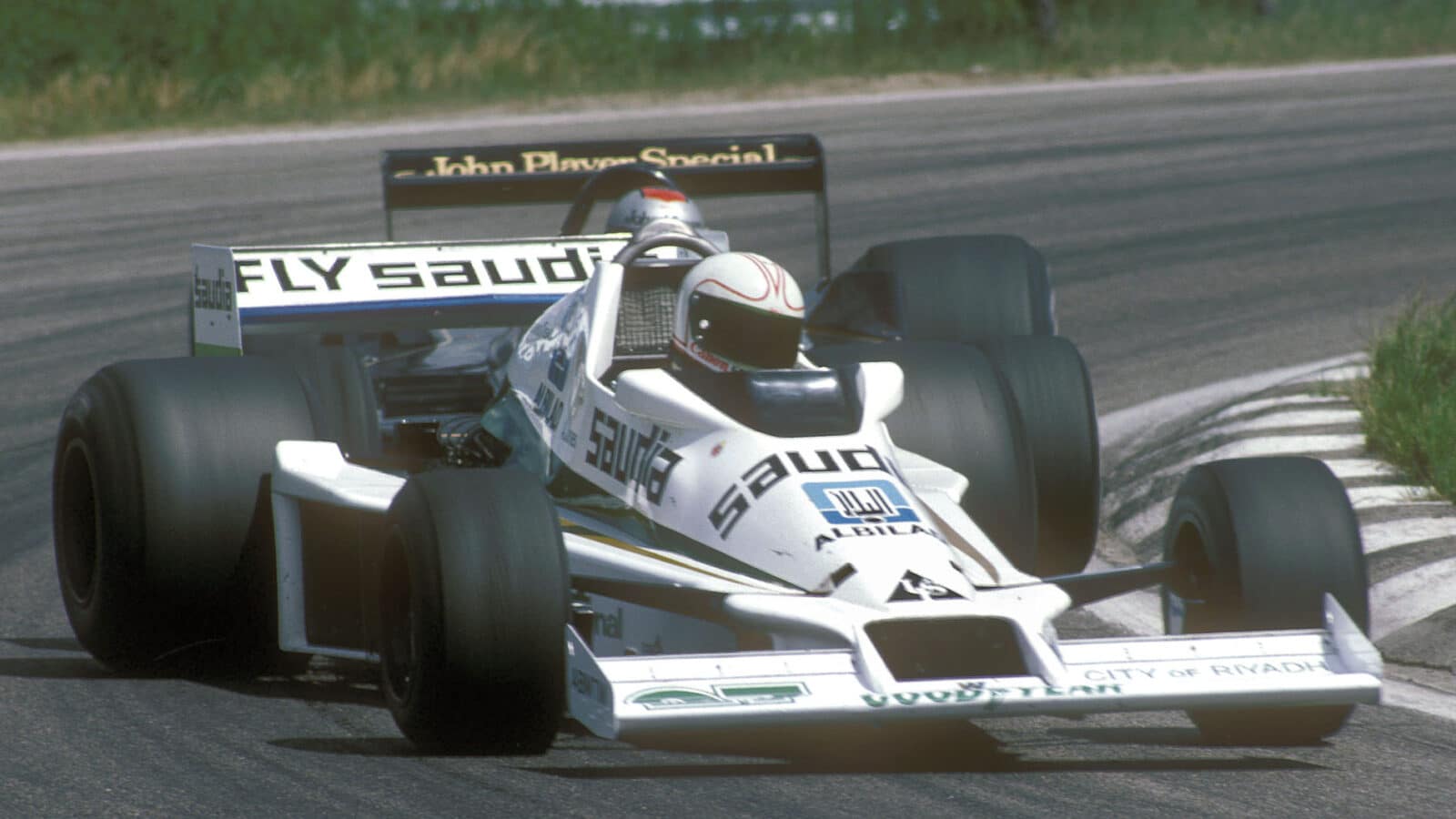 Alan Jones (Williams-Ford) leads Mario Andretti (Lotus-Ford) during the 1978 Swedish Grand Prix at Anderstorp. Photo- Grand Prix Photo